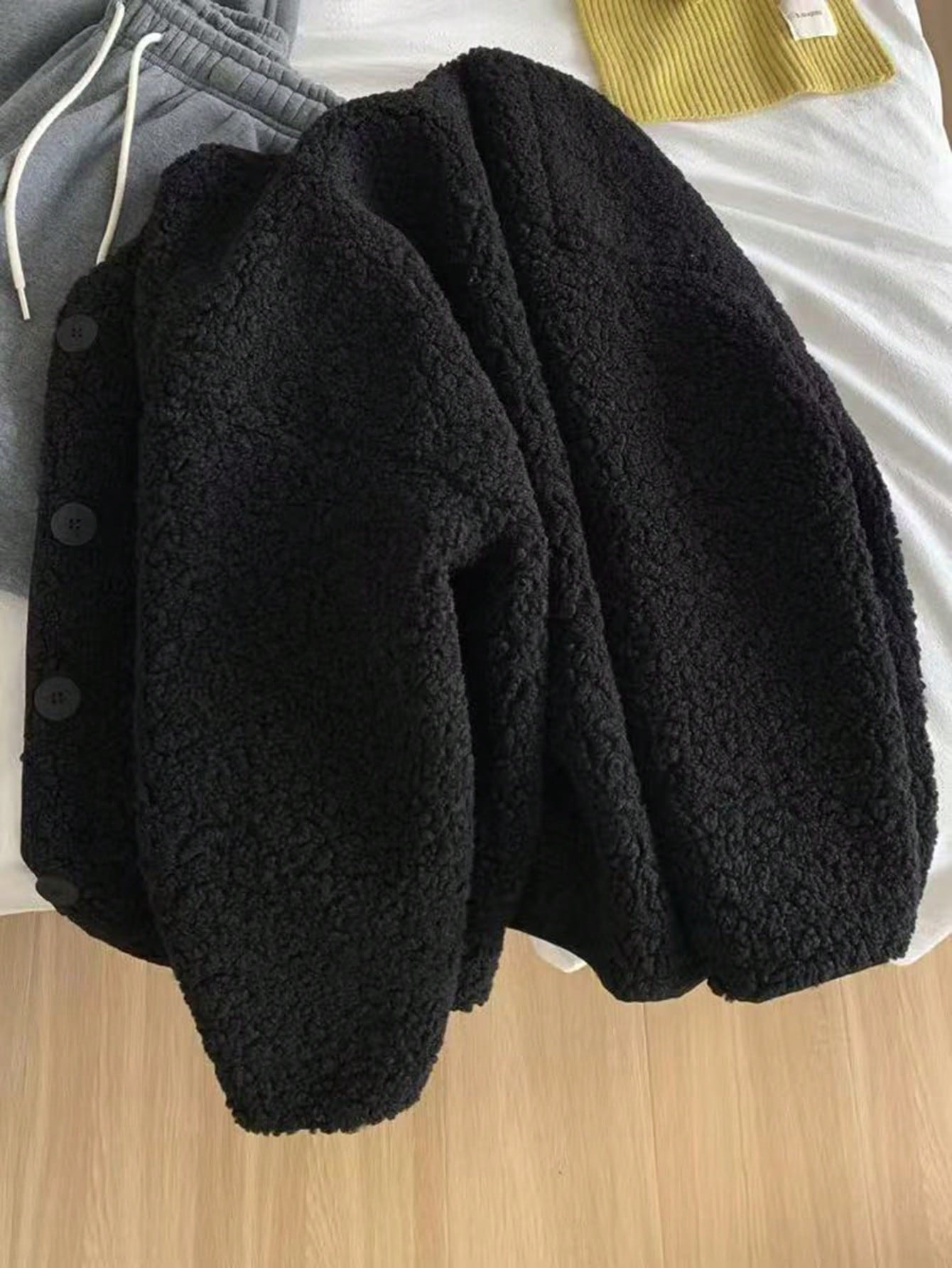 Women's Black Teddy Faux Fur Button Front Long Sleeve Cardigan Jacket, Fashionable Outerwear With Slight Stretch
