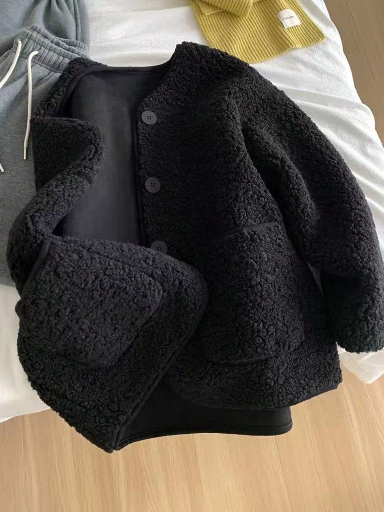 Women's Black Teddy Faux Fur Button Front Long Sleeve Cardigan Jacket, Fashionable Outerwear With Slight Stretch