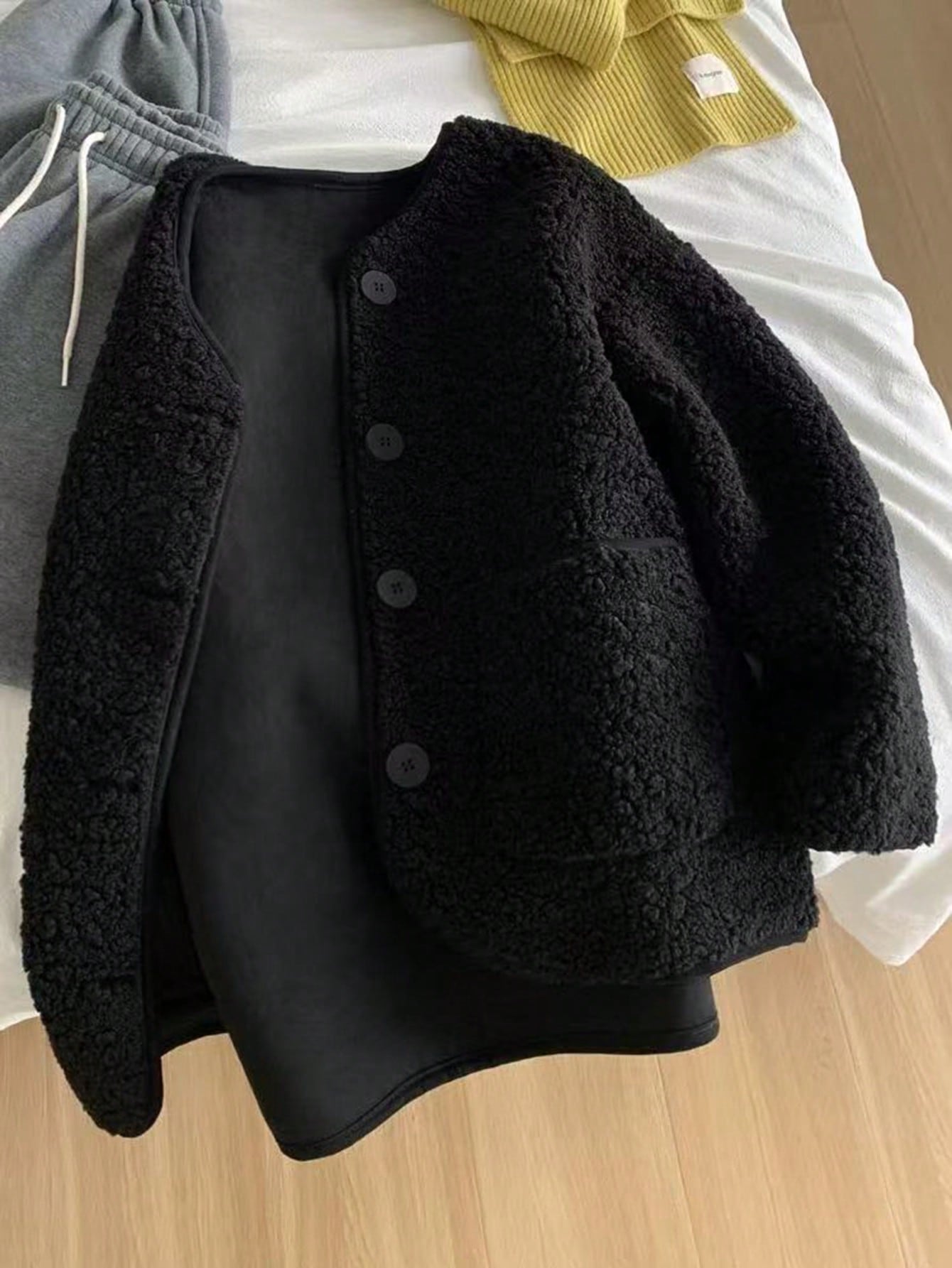 Women's Black Teddy Faux Fur Button Front Long Sleeve Cardigan Jacket, Fashionable Outerwear With Slight Stretch