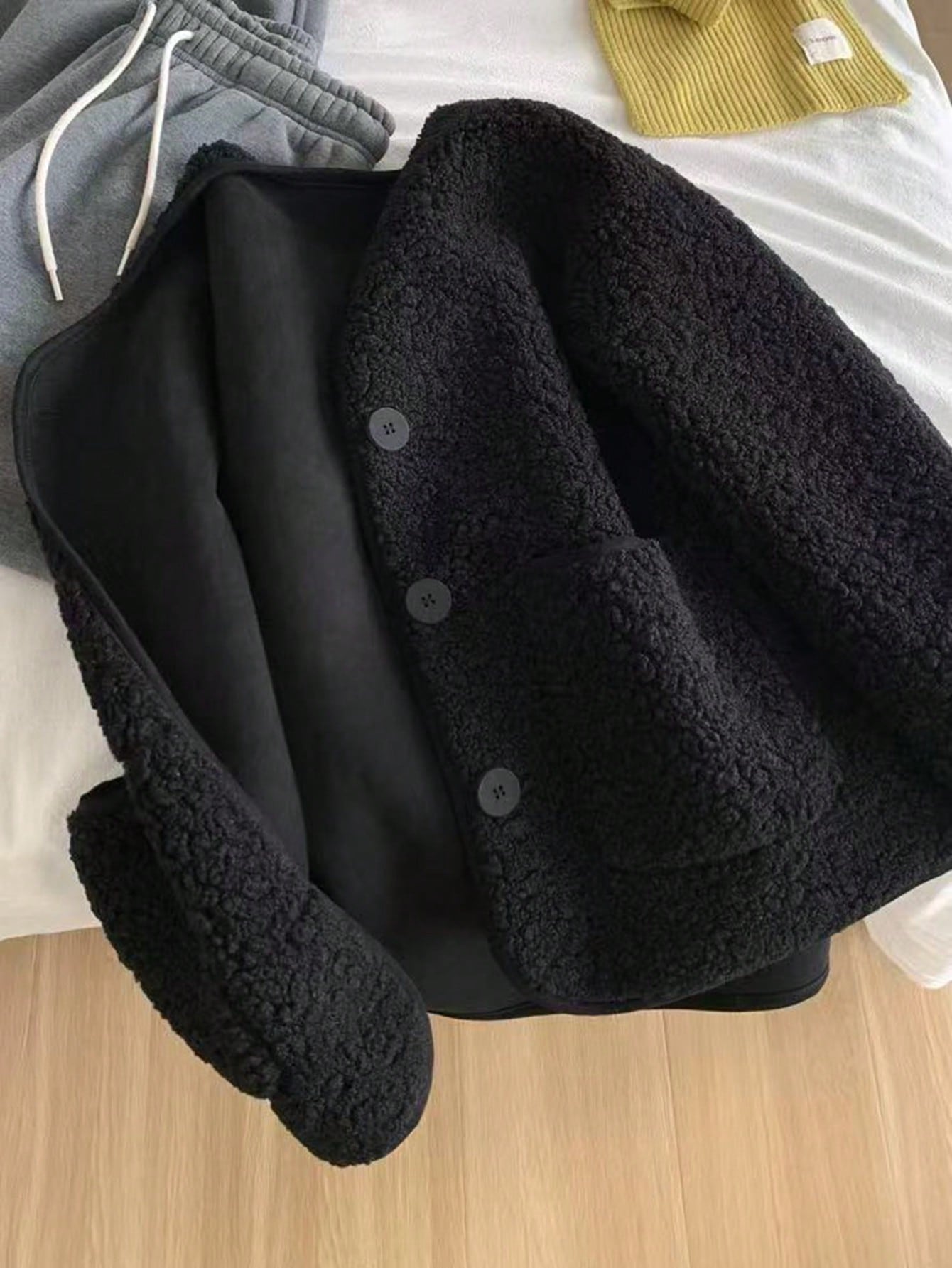 Women's Black Teddy Faux Fur Button Front Long Sleeve Cardigan Jacket, Fashionable Outerwear With Slight Stretch
