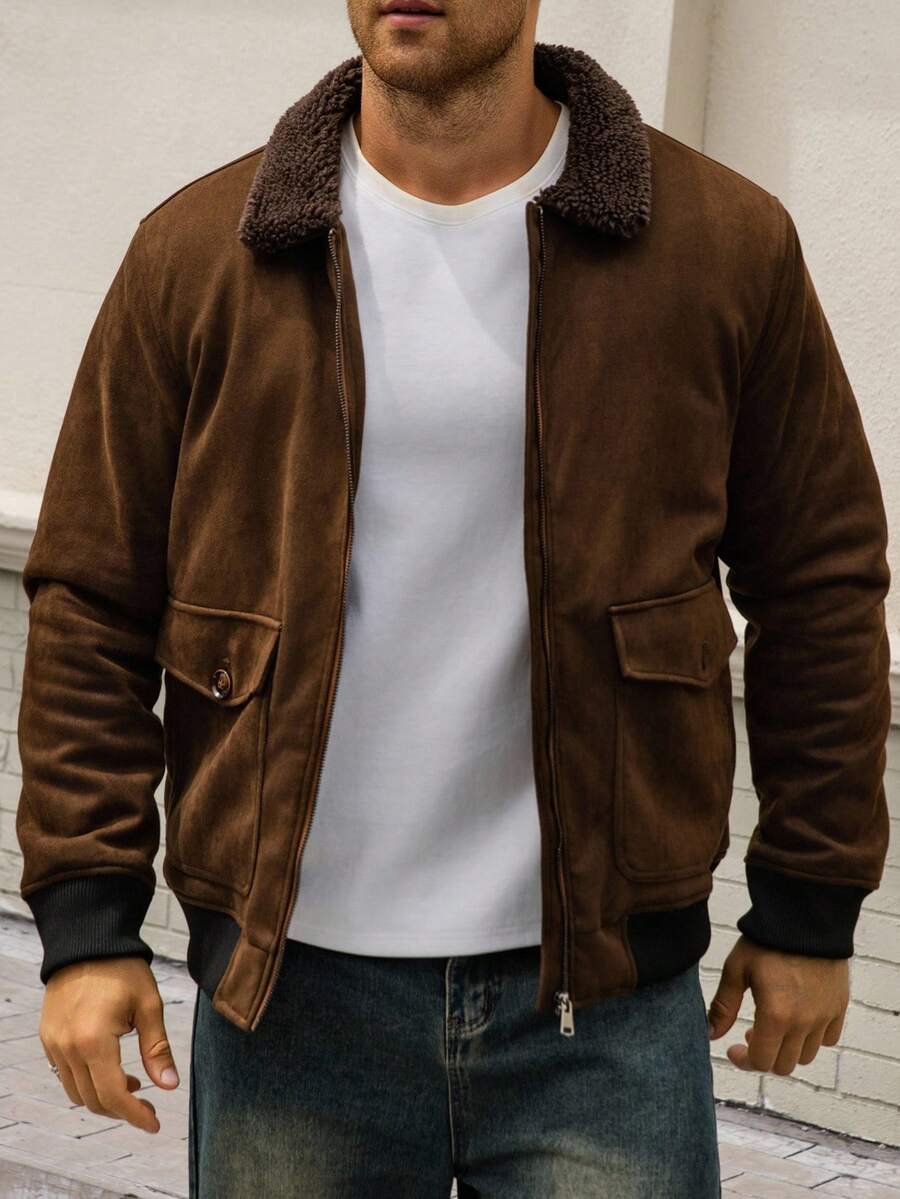 Manfinity Homme Men's Sherpa Fleece Jacket, Faux Suede Fur Collar, For Fall Winter