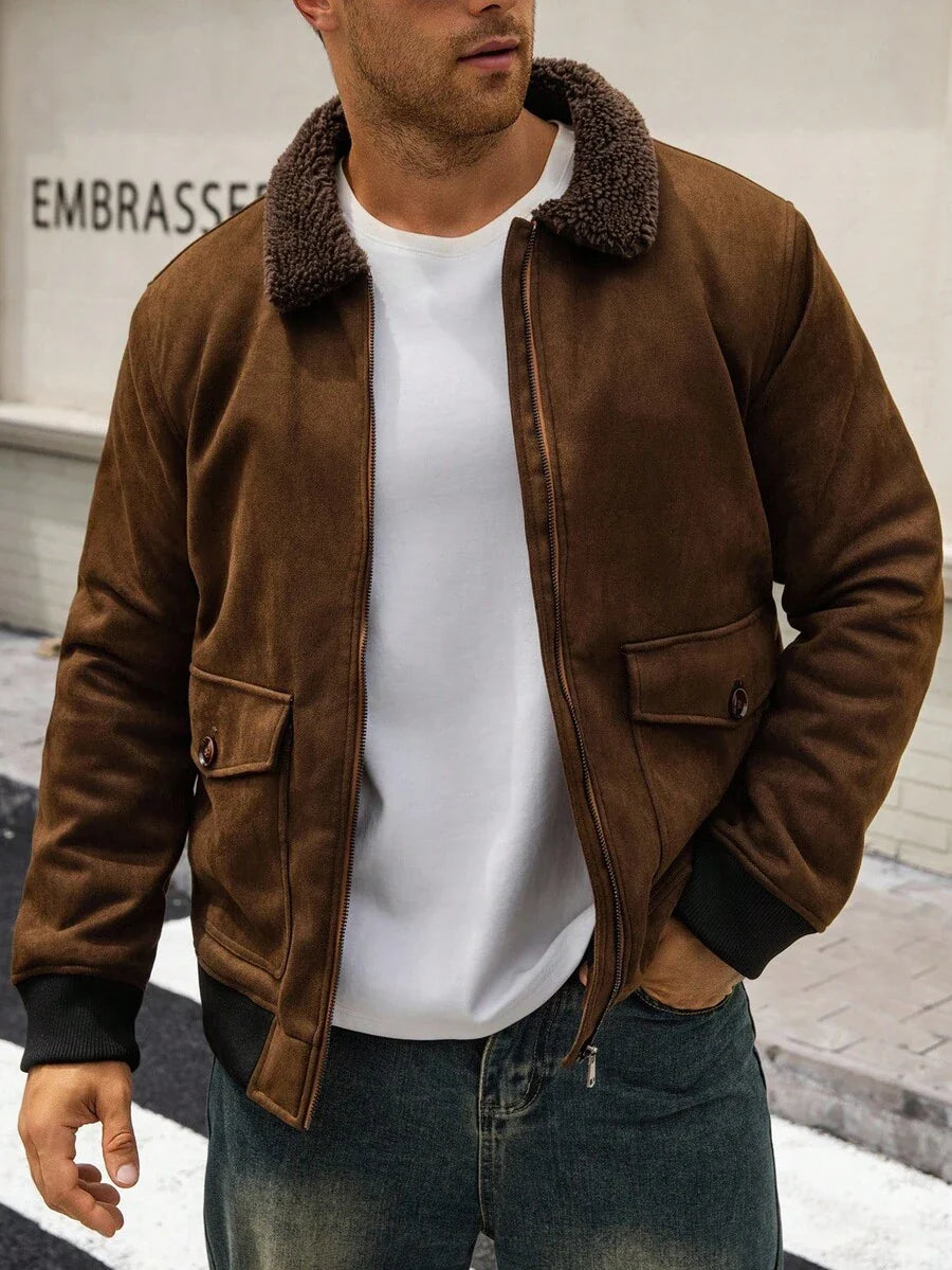 Manfinity Homme Men's Sherpa Fleece Jacket, Faux Suede Fur Collar, For Fall Winter