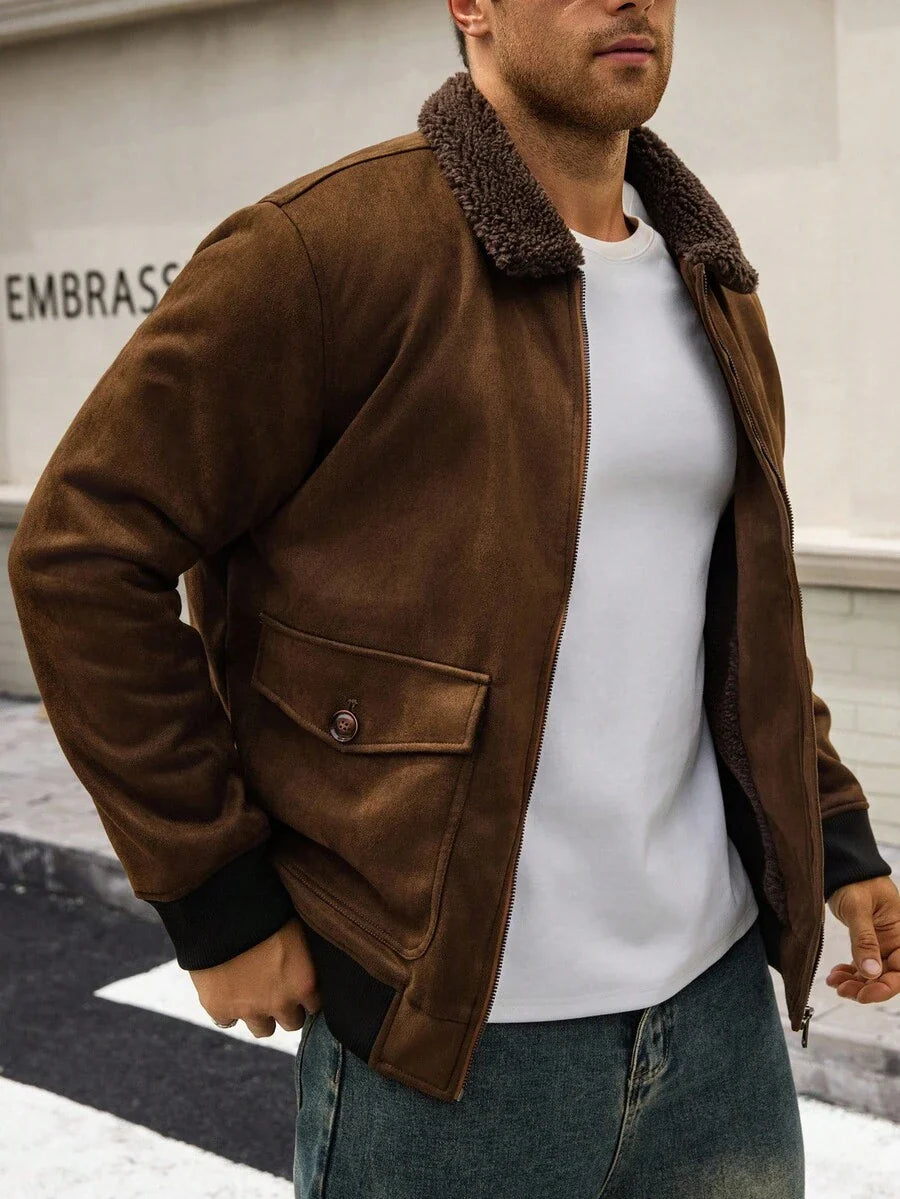 Manfinity Homme Men's Sherpa Fleece Jacket, Faux Suede Fur Collar, For Fall Winter