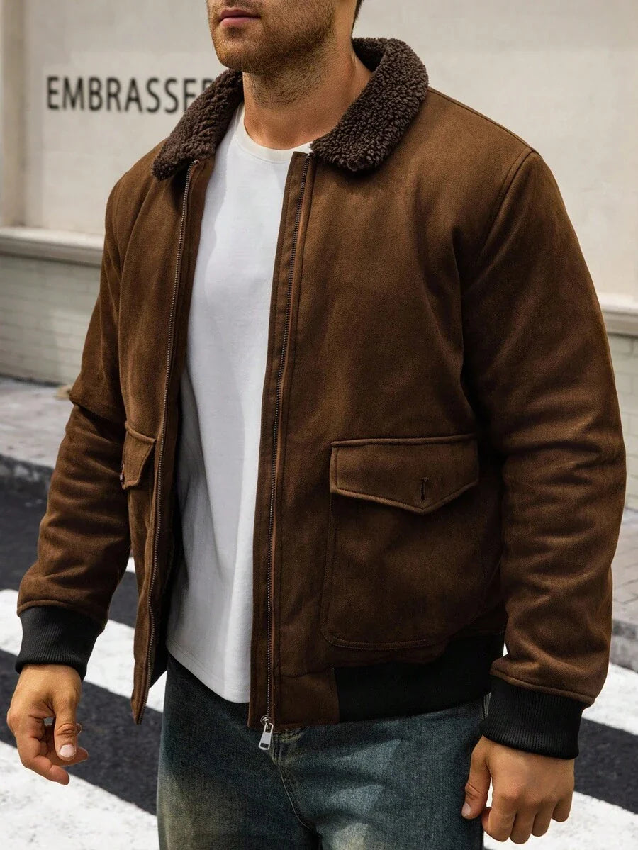 Manfinity Homme Men's Sherpa Fleece Jacket, Faux Suede Fur Collar, For Fall Winter