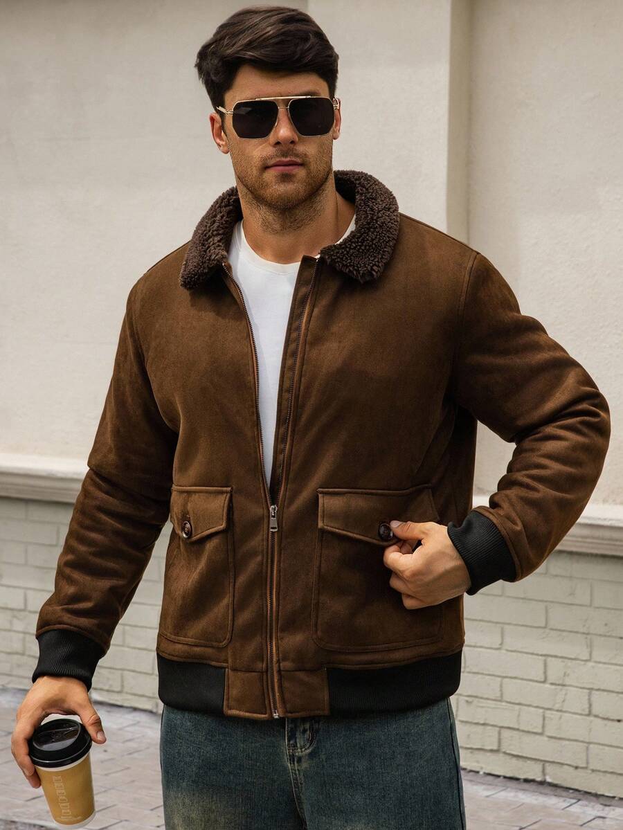 Manfinity Homme Men's Sherpa Fleece Jacket, Faux Suede Fur Collar, For Fall Winter
