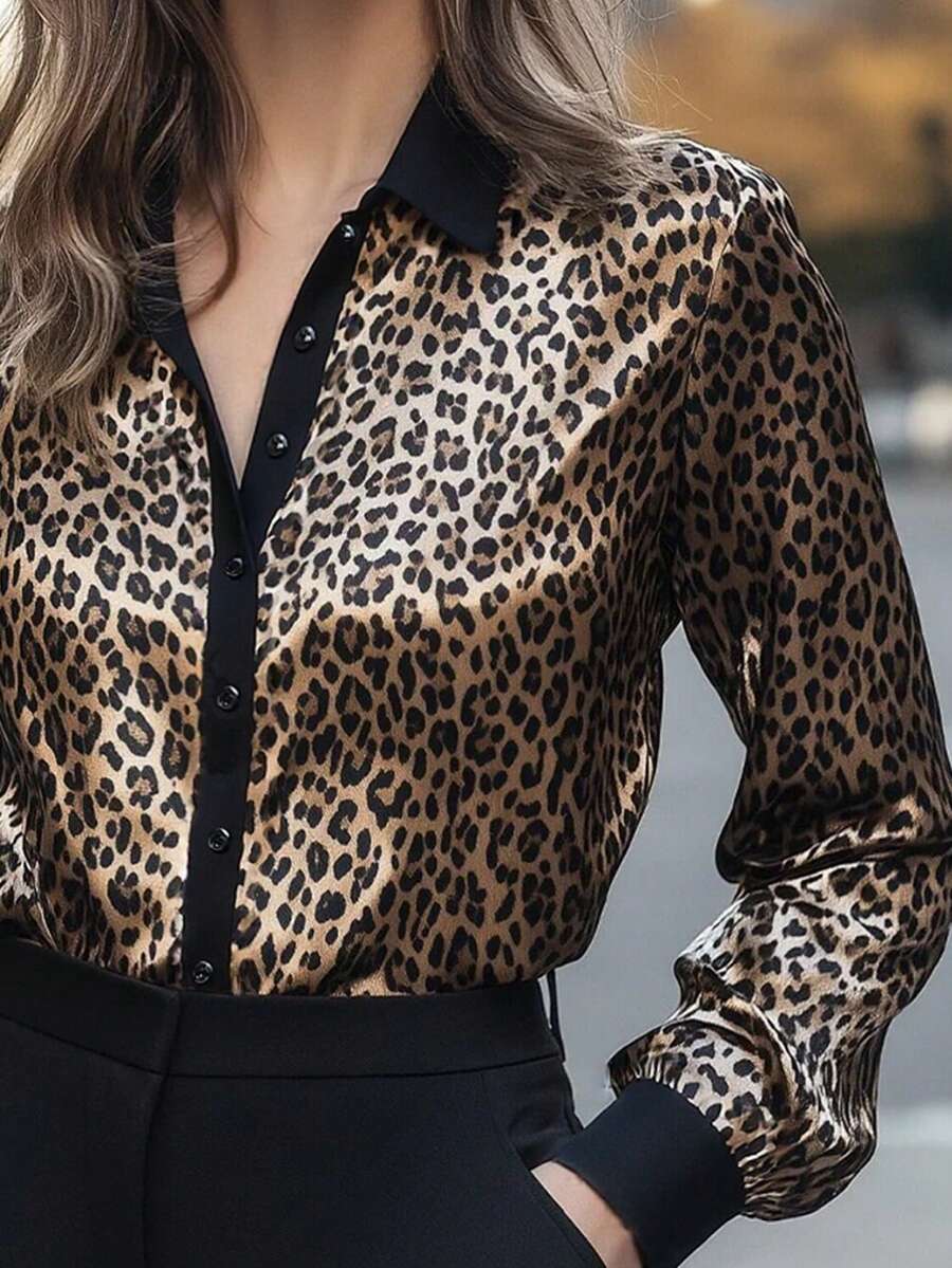 Autumn and Winter Women's Fashion Elegant Temperament Commuter Spring and Autumn Leopard Brown Long Sleeve Fitted Formal Shoulder Shirt