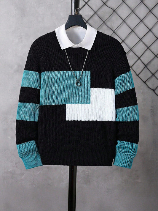 1pc Boys' Pullover Sweater, Classic Color Block Round Neck Loose Casual Style, Bright Colors, Neat Hem