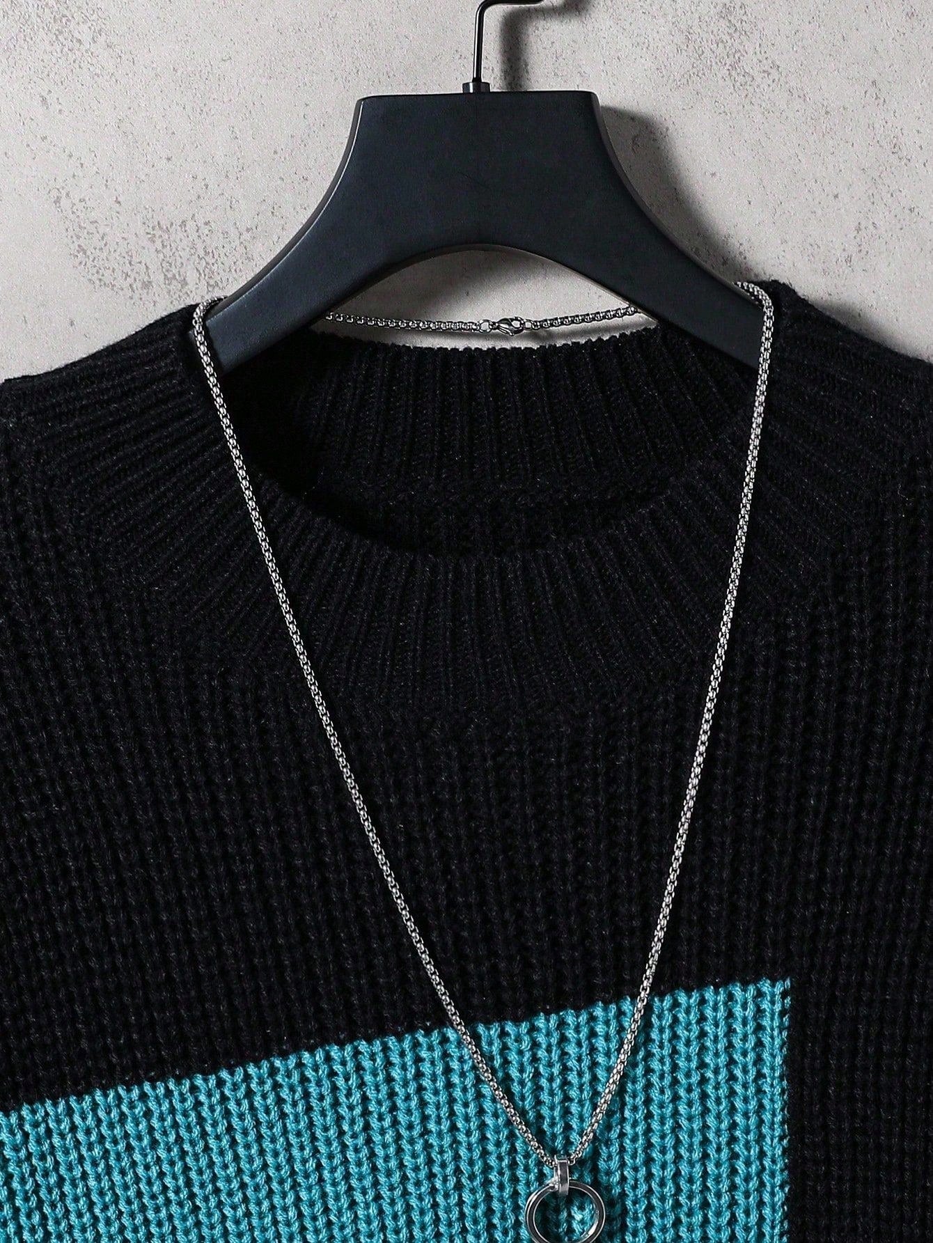 1pc Boys' Pullover Sweater, Classic Color Block Round Neck Loose Casual Style, Bright Colors, Neat Hem
