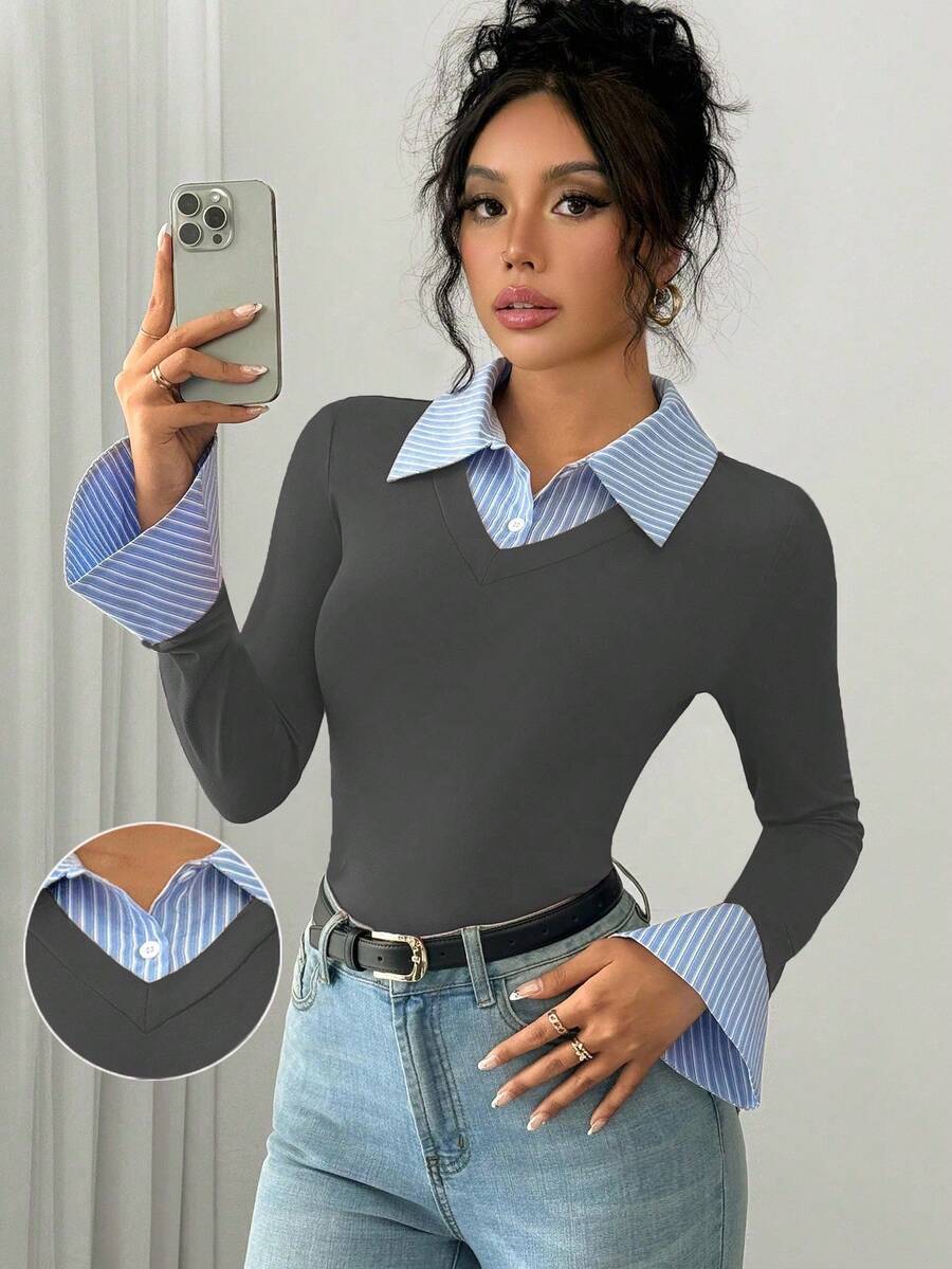 Selianne Elegant Commuter Striped Collared Flared Long Sleeve Knitted T-Shirt For Women