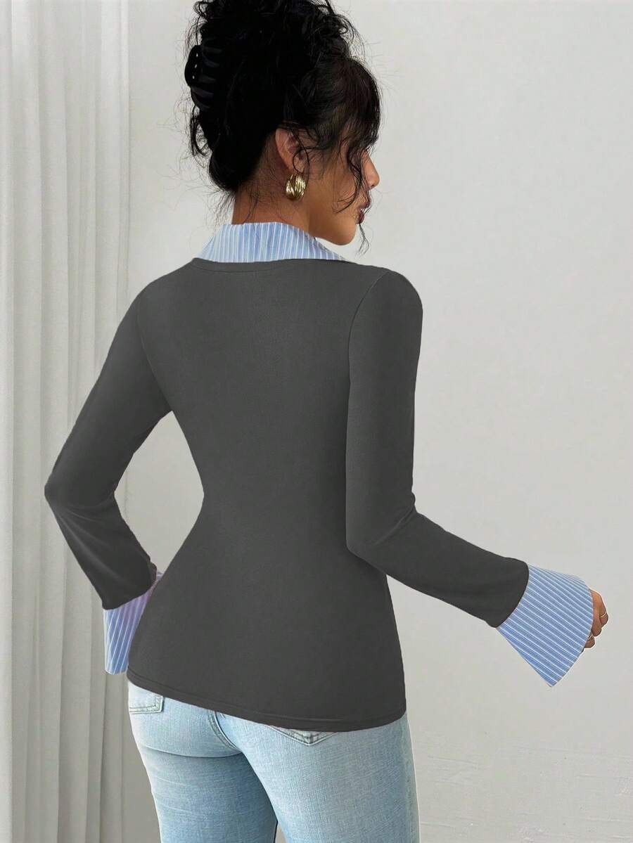 Selianne Elegant Commuter Striped Collared Flared Long Sleeve Knitted T-Shirt For Women