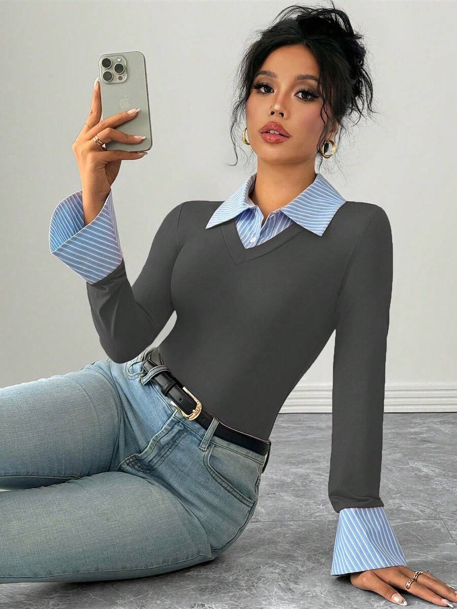 Selianne Elegant Commuter Striped Collared Flared Long Sleeve Knitted T-Shirt For Women