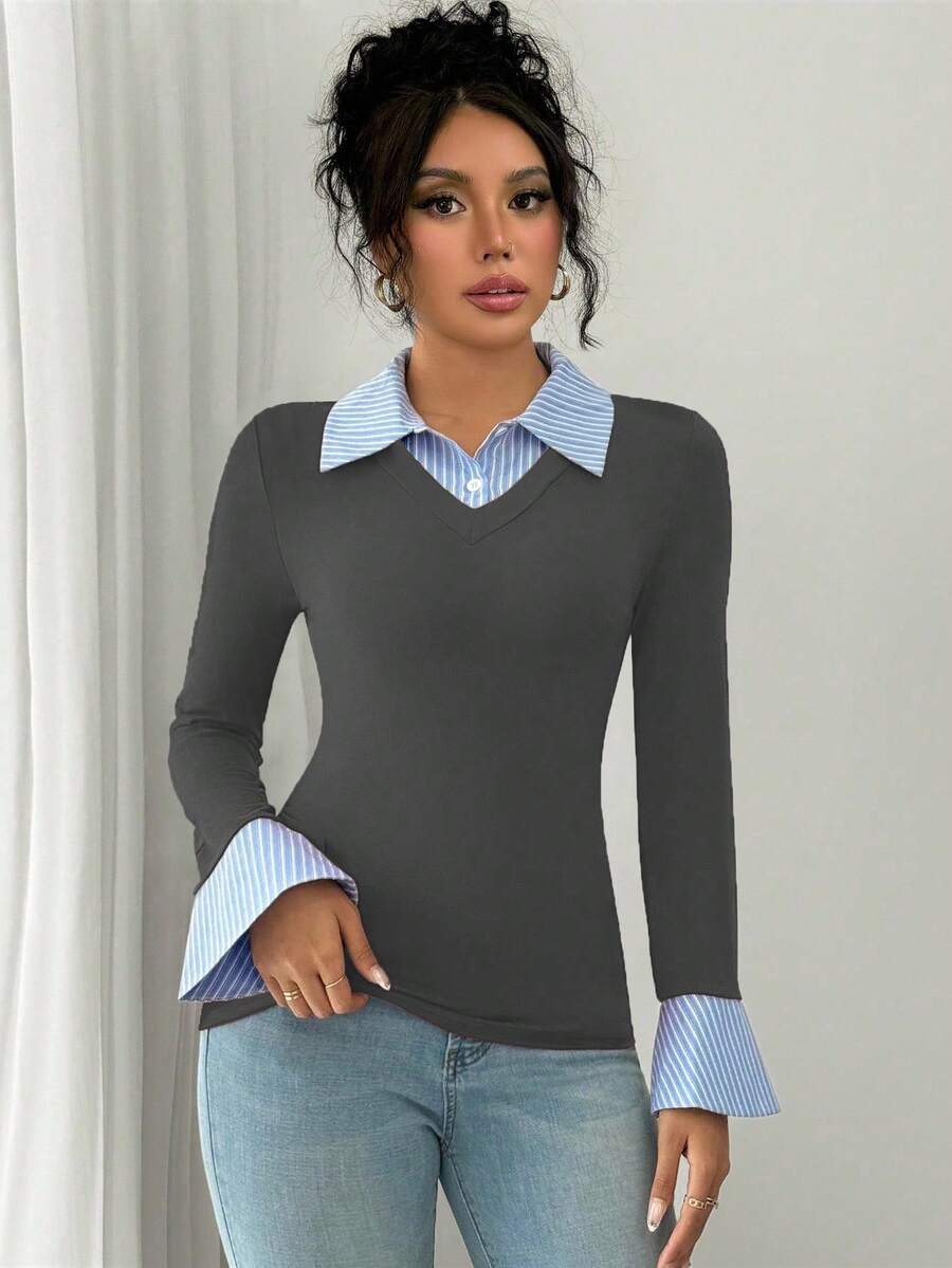 Selianne Elegant Commuter Striped Collared Flared Long Sleeve Knitted T-Shirt For Women