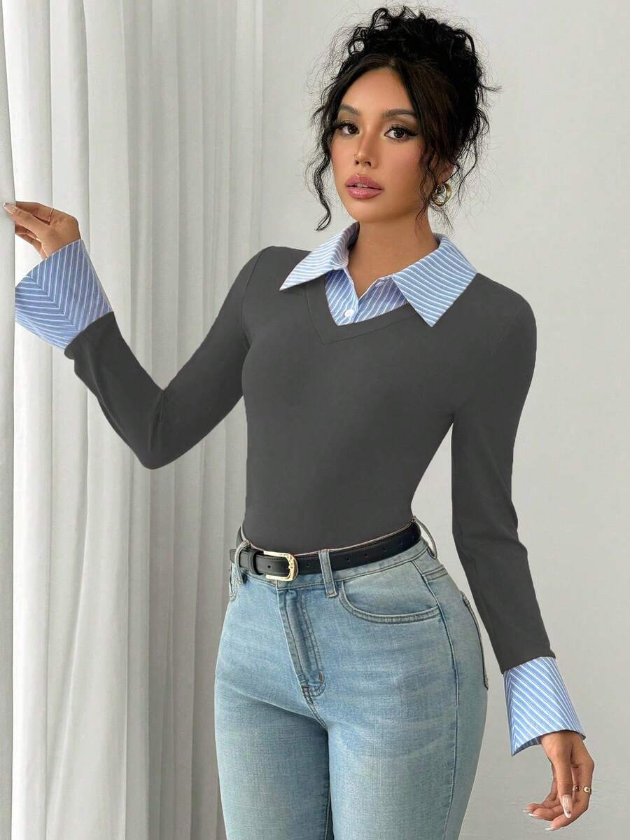 Selianne Elegant Commuter Striped Collared Flared Long Sleeve Knitted T-Shirt For Women