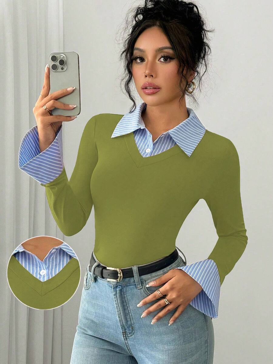 Selianne Elegant Commuter Striped Collared Flared Long Sleeve Knitted T-Shirt For Women
