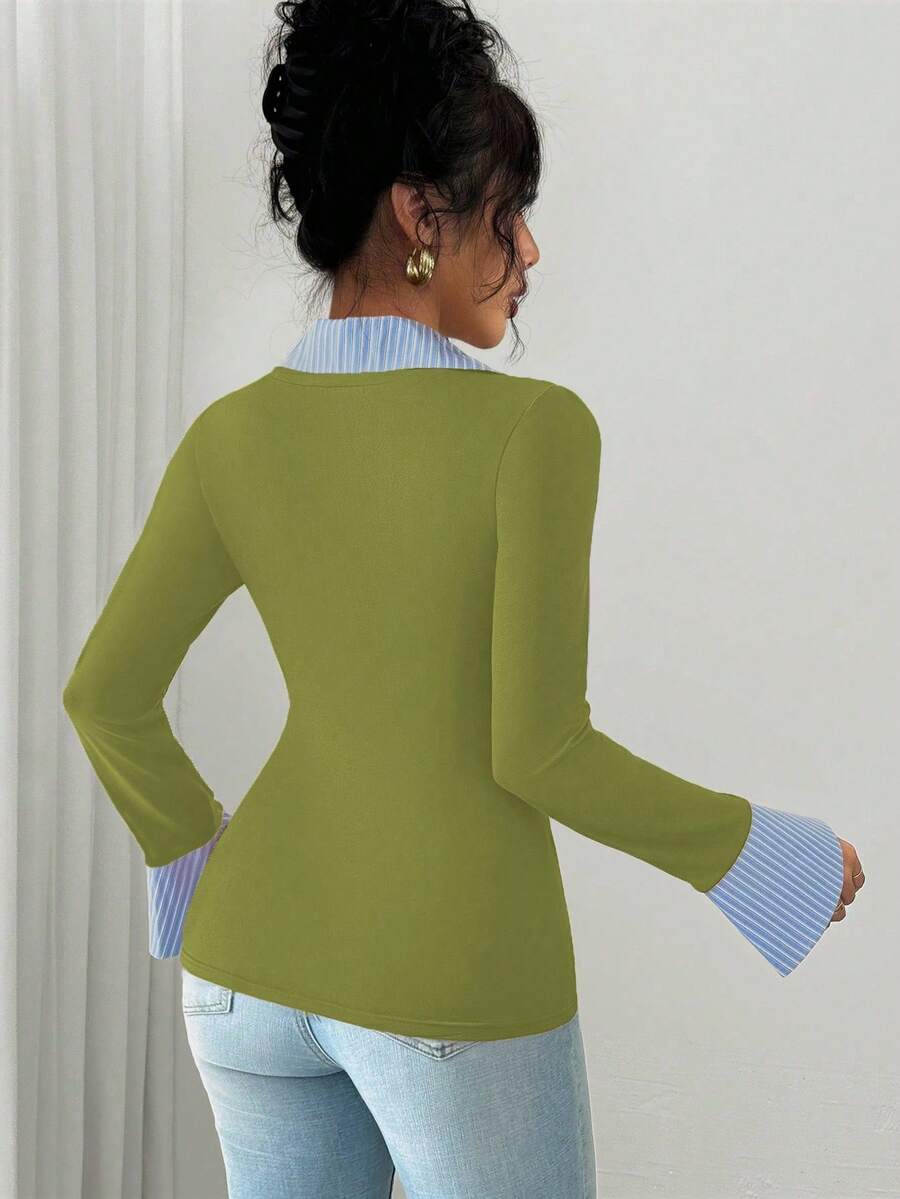Selianne Elegant Commuter Striped Collared Flared Long Sleeve Knitted T-Shirt For Women