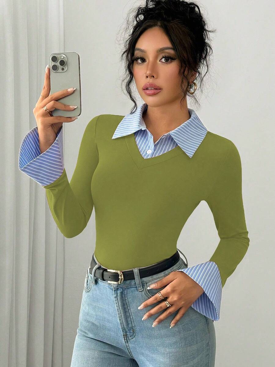 Selianne Elegant Commuter Striped Collared Flared Long Sleeve Knitted T-Shirt For Women