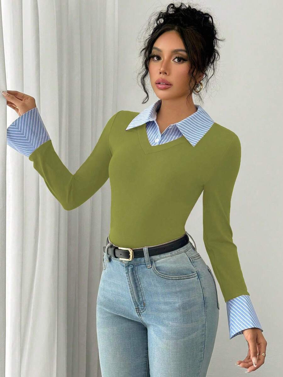 Selianne Elegant Commuter Striped Collared Flared Long Sleeve Knitted T-Shirt For Women