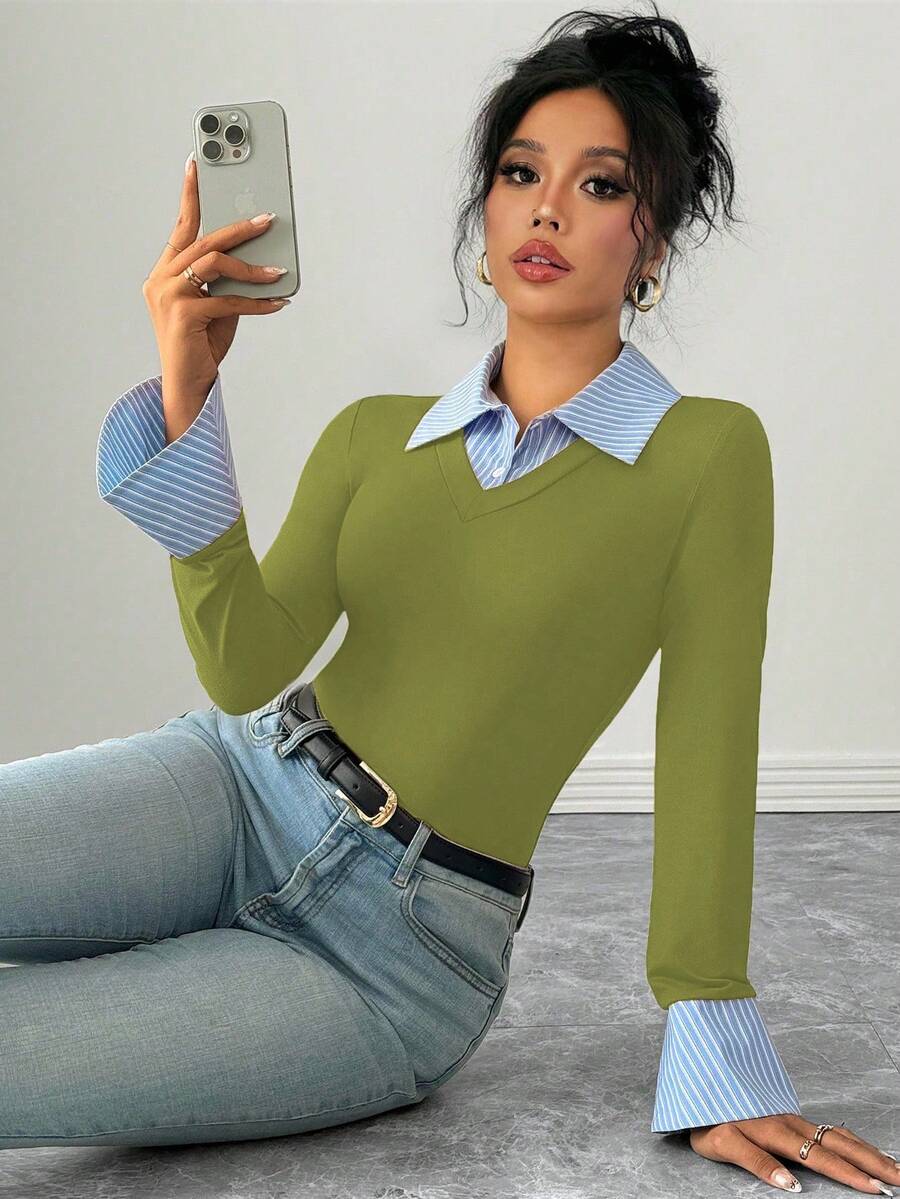 Selianne Elegant Commuter Striped Collared Flared Long Sleeve Knitted T-Shirt For Women