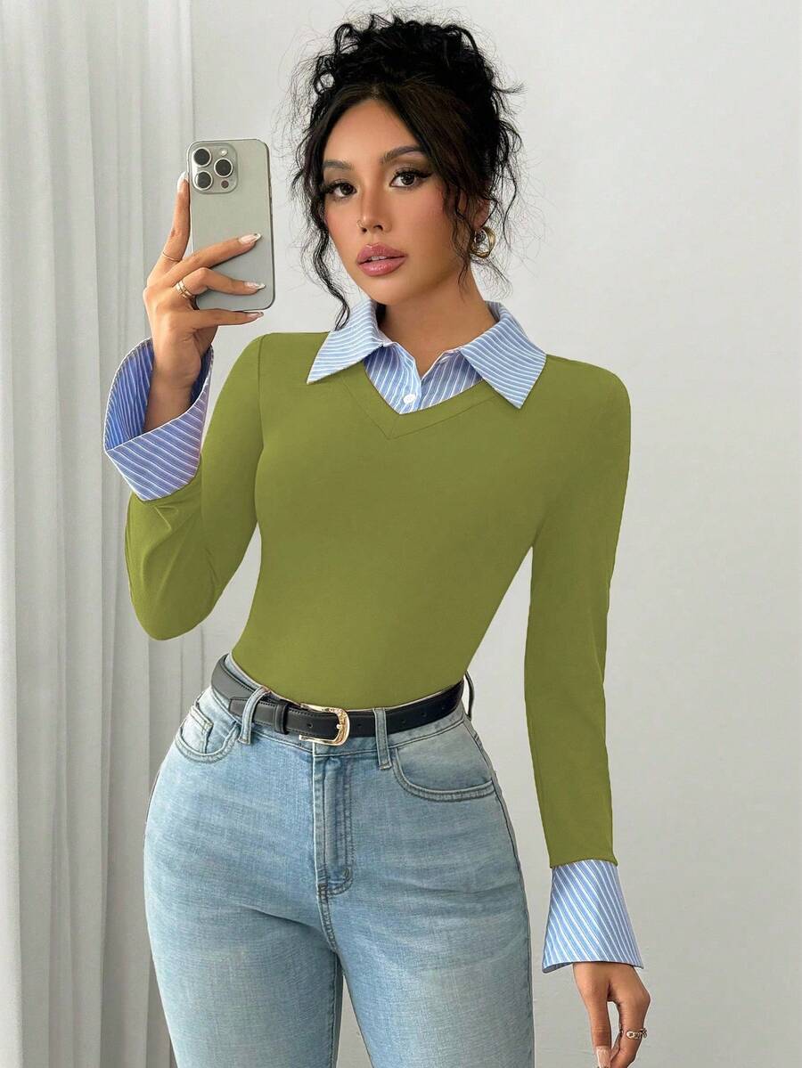 Selianne Elegant Commuter Striped Collared Flared Long Sleeve Knitted T-Shirt For Women