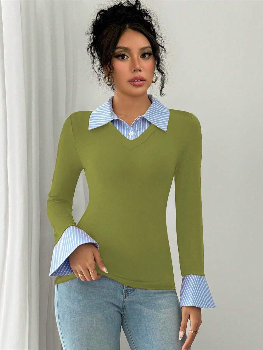 Selianne Elegant Commuter Striped Collared Flared Long Sleeve Knitted T-Shirt For Women