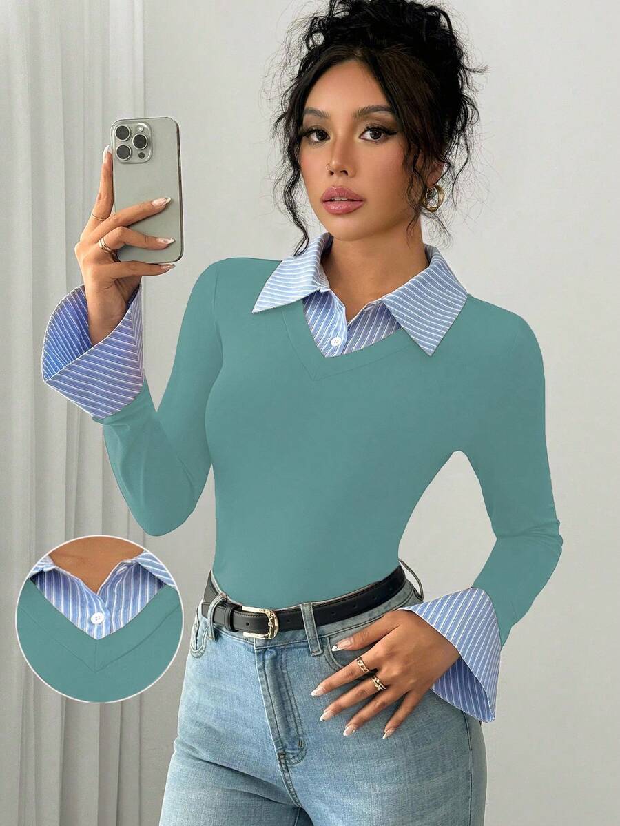 Selianne Elegant Commuter Striped Collared Flared Long Sleeve Knitted T-Shirt For Women