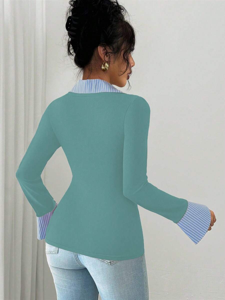 Selianne Elegant Commuter Striped Collared Flared Long Sleeve Knitted T-Shirt For Women
