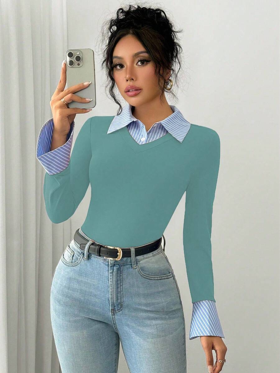 Selianne Elegant Commuter Striped Collared Flared Long Sleeve Knitted T-Shirt For Women