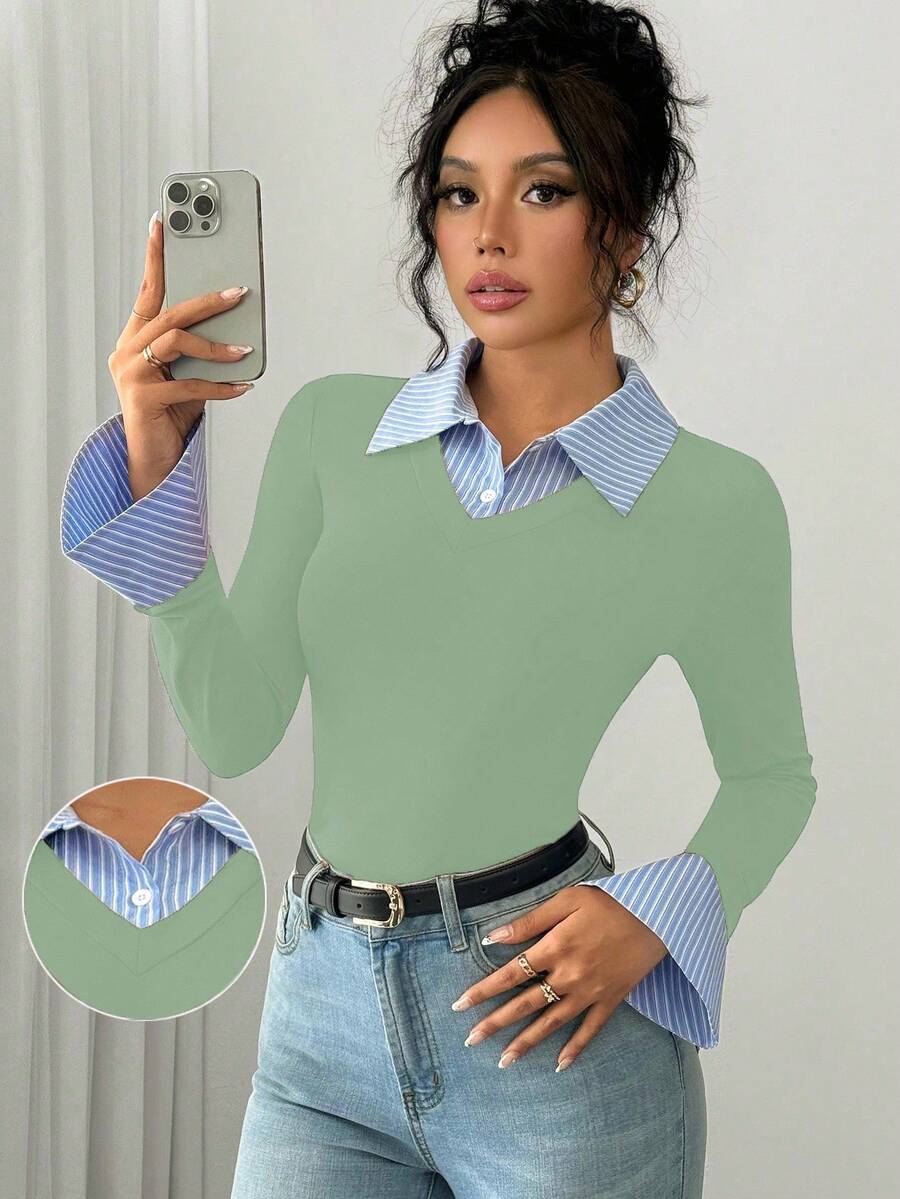 Selianne Elegant Commuter Striped Collared Flared Long Sleeve Knitted T-Shirt For Women