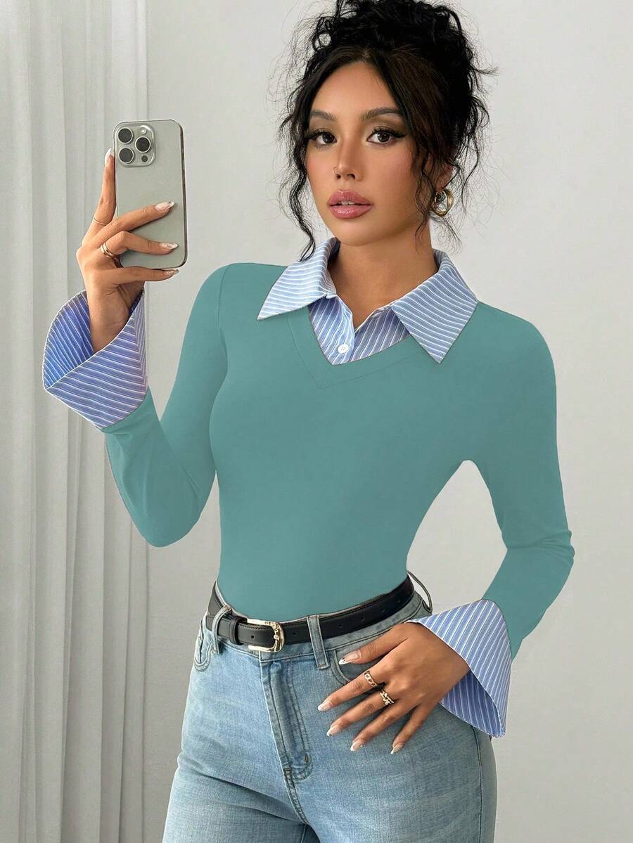 Selianne Elegant Commuter Striped Collared Flared Long Sleeve Knitted T-Shirt For Women
