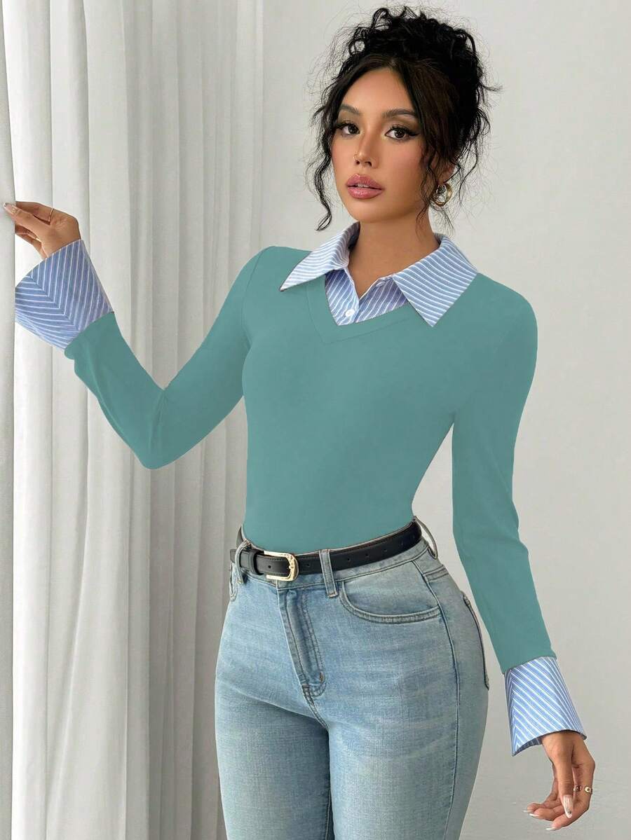 Selianne Elegant Commuter Striped Collared Flared Long Sleeve Knitted T-Shirt For Women