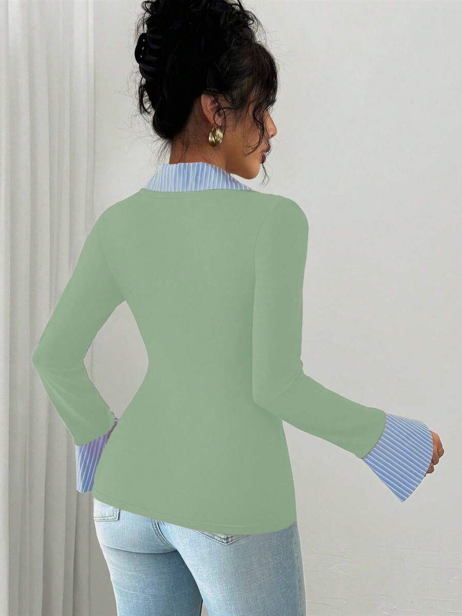 Selianne Elegant Commuter Striped Collared Flared Long Sleeve Knitted T-Shirt For Women