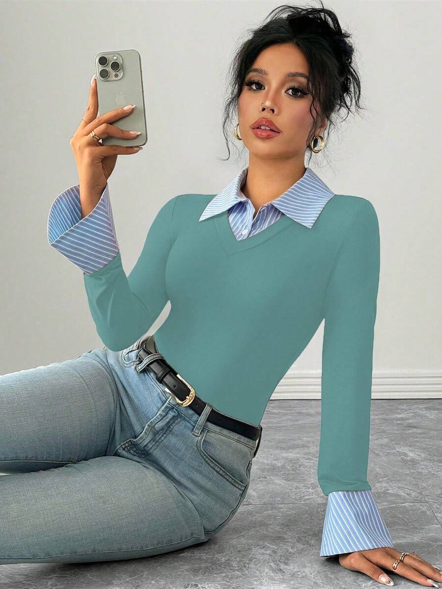 Selianne Elegant Commuter Striped Collared Flared Long Sleeve Knitted T-Shirt For Women