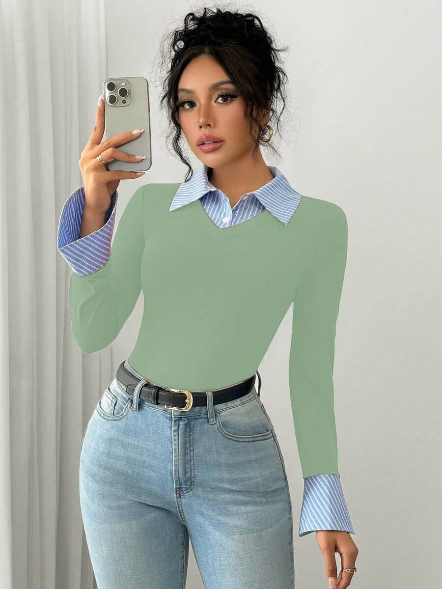 Selianne Elegant Commuter Striped Collared Flared Long Sleeve Knitted T-Shirt For Women