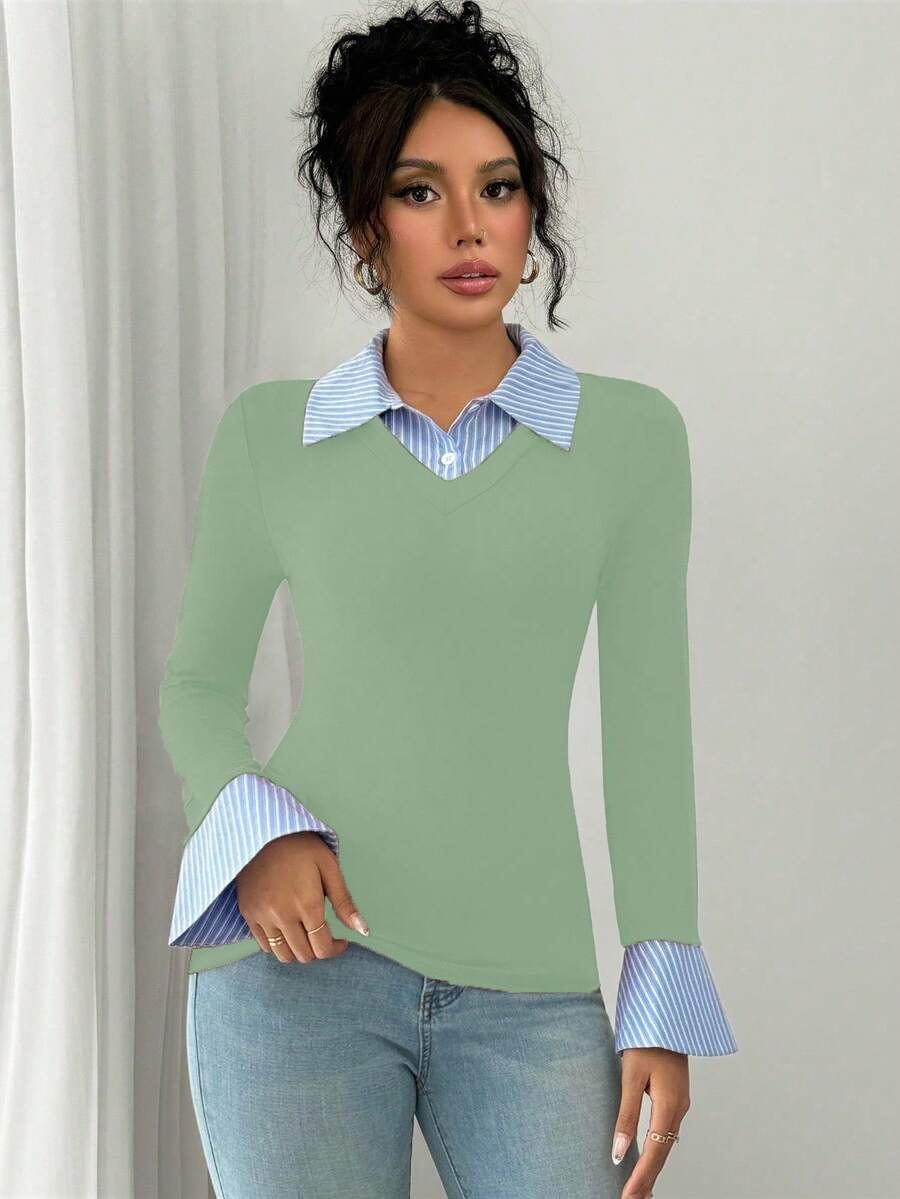 Selianne Elegant Commuter Striped Collared Flared Long Sleeve Knitted T-Shirt For Women