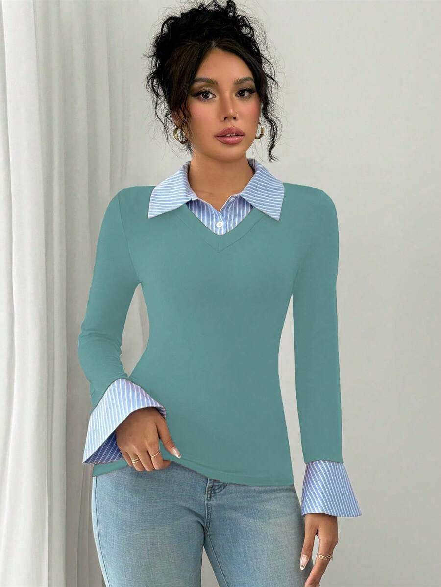 Selianne Elegant Commuter Striped Collared Flared Long Sleeve Knitted T-Shirt For Women