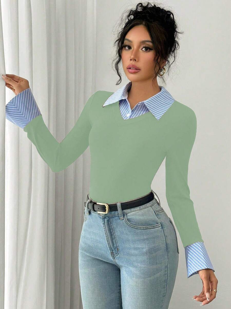 Selianne Elegant Commuter Striped Collared Flared Long Sleeve Knitted T-Shirt For Women