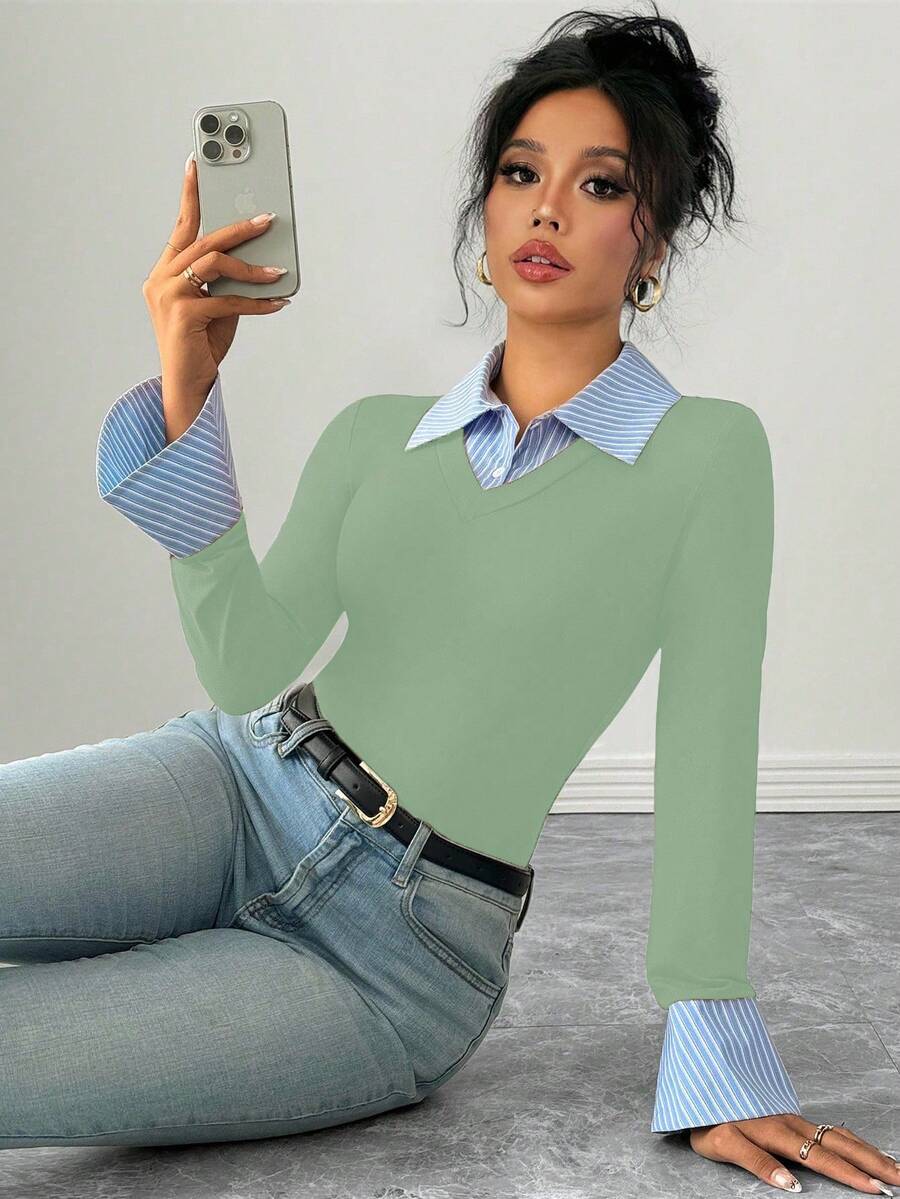 Selianne Elegant Commuter Striped Collared Flared Long Sleeve Knitted T-Shirt For Women