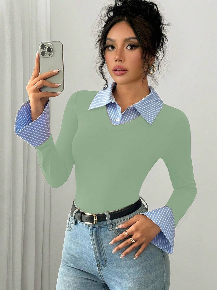 Selianne Elegant Commuter Striped Collared Flared Long Sleeve Knitted T-Shirt For Women