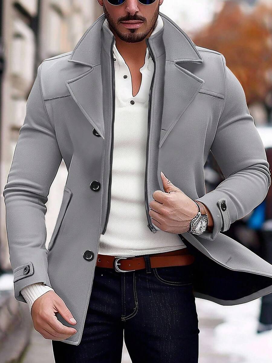Manfinity Homme Men's Solid Color Long Sleeve Lapel Neck Casual Jacket, Autumn/Winter Black Jacket For Classy Elegant for Men Business Casual Men Black Dress Overcoat