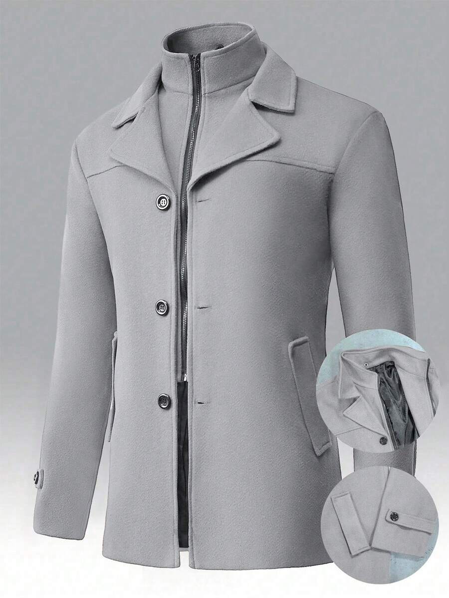 Manfinity Homme Men's Solid Color Long Sleeve Lapel Neck Casual Jacket, Autumn/Winter Black Jacket For Classy Elegant for Men Business Casual Men Black Dress Overcoat