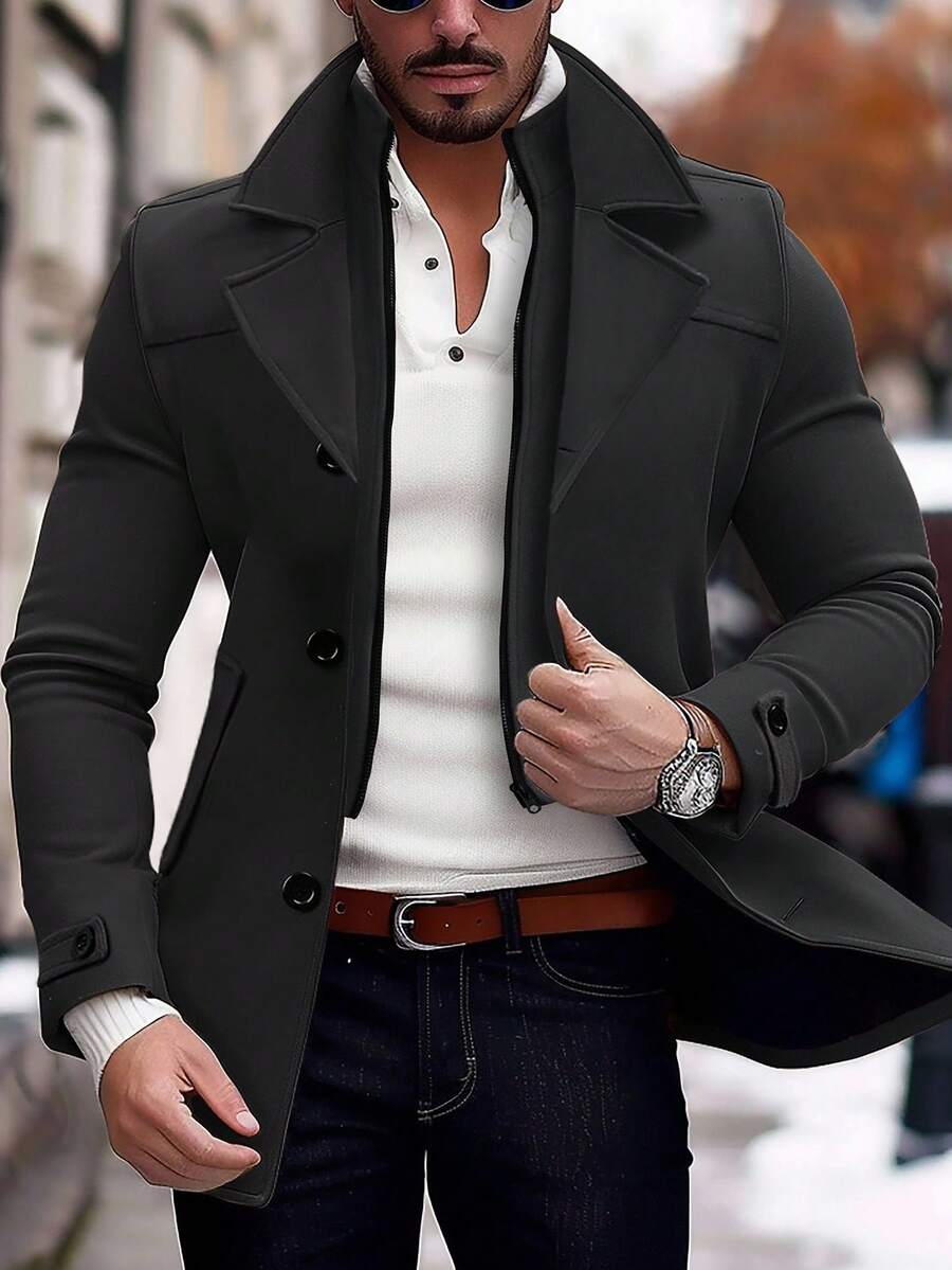 Manfinity Homme Men's Solid Color Long Sleeve Lapel Neck Casual Jacket, Autumn/Winter Black Jacket For Classy Elegant for Men Business Casual Men Black Dress Overcoat