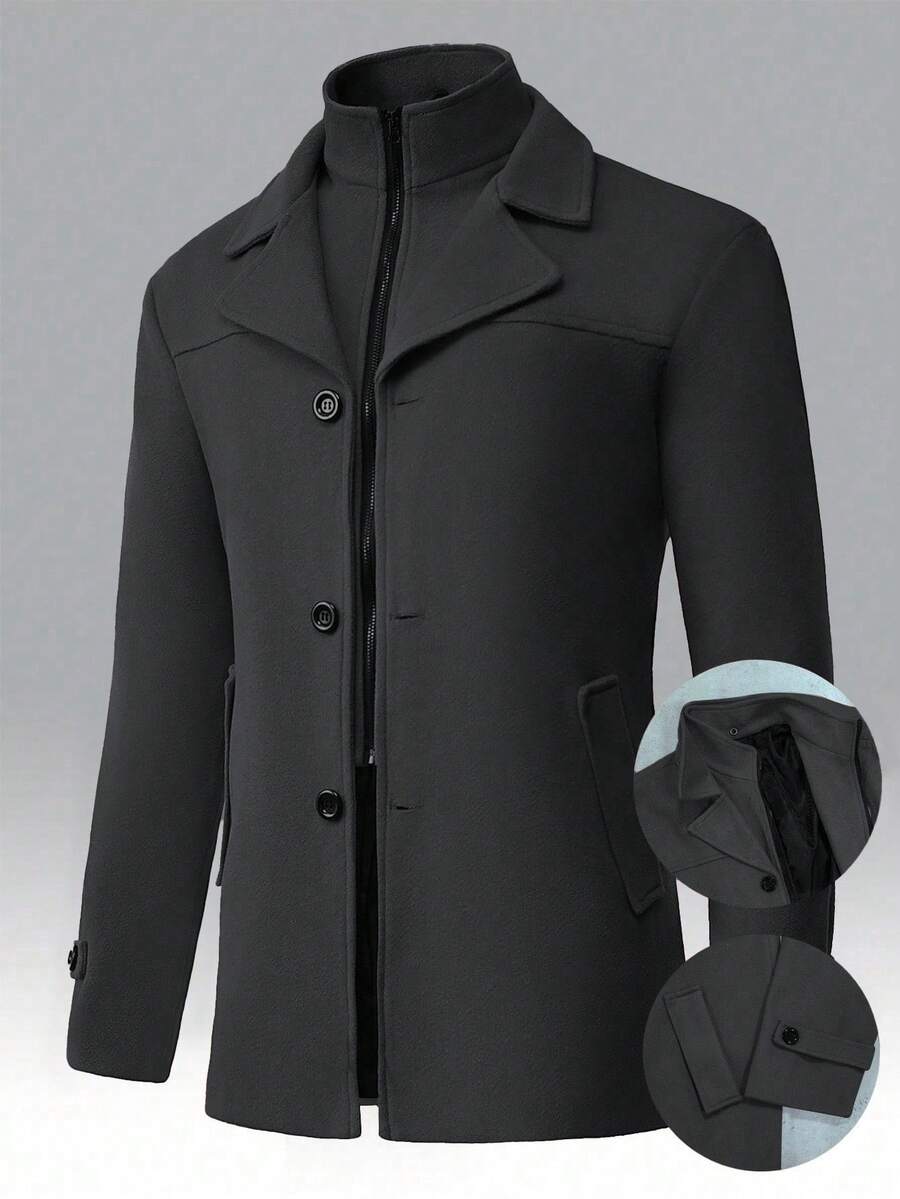 Manfinity Homme Men's Solid Color Long Sleeve Lapel Neck Casual Jacket, Autumn/Winter Black Jacket For Classy Elegant for Men Business Casual Men Black Dress Overcoat