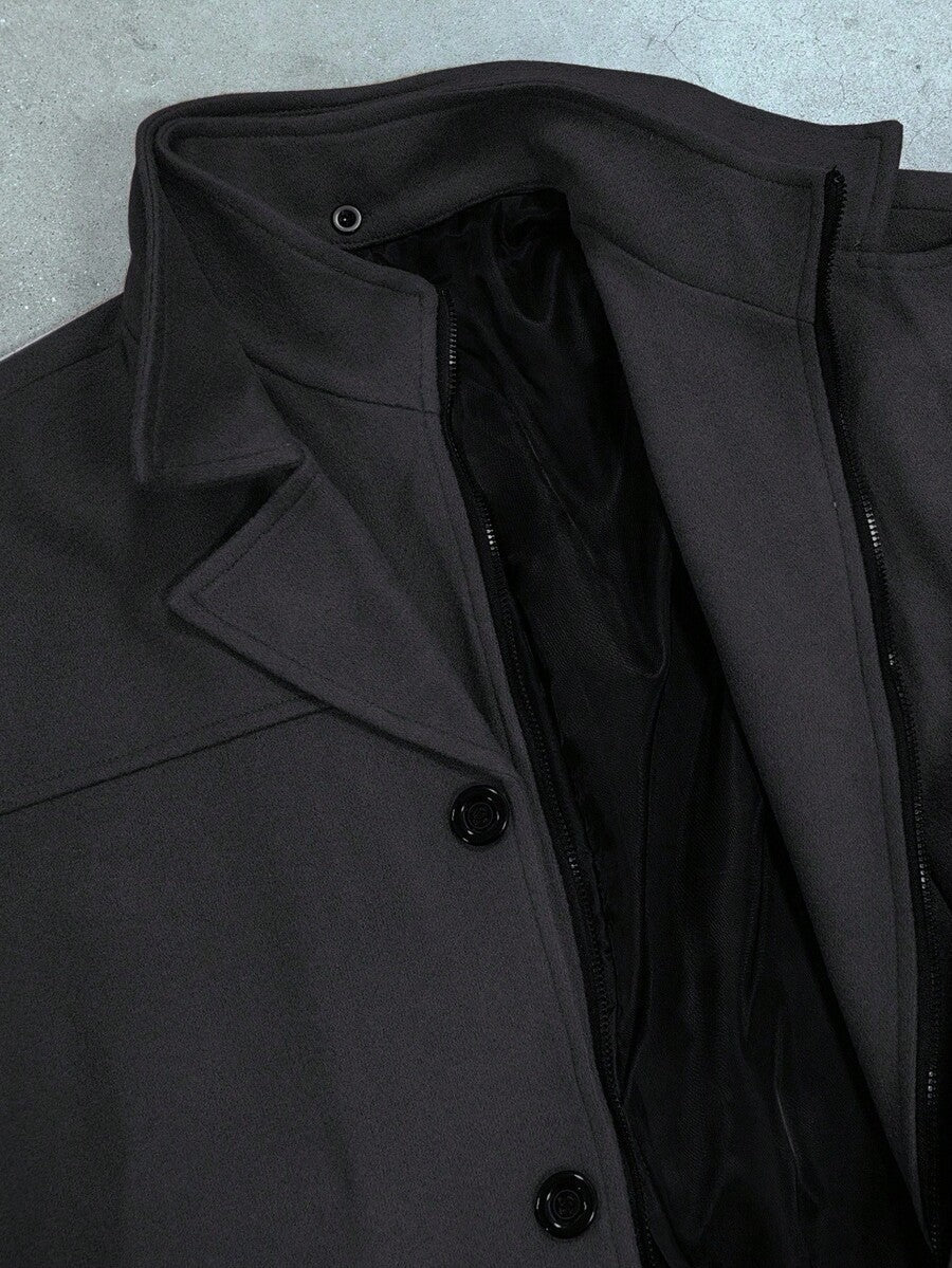 Manfinity Homme Men's Solid Color Long Sleeve Lapel Neck Casual Jacket, Autumn/Winter Black Jacket For Classy Elegant for Men Business Casual Men Black Dress Overcoat