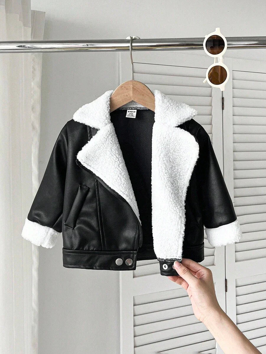 SHEIN Playful Pals Plush Patchwork Baby Boy Faux Leather Jacket, Fashionable Casual Streetwear Baby Boy Jacket