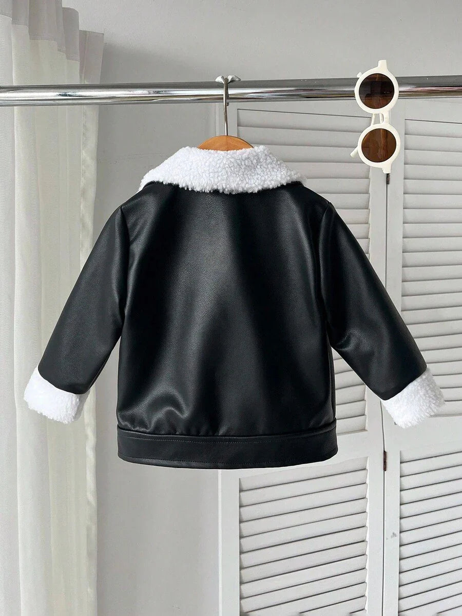 SHEIN Playful Pals Plush Patchwork Baby Boy Faux Leather Jacket, Fashionable Casual Streetwear Baby Boy Jacket