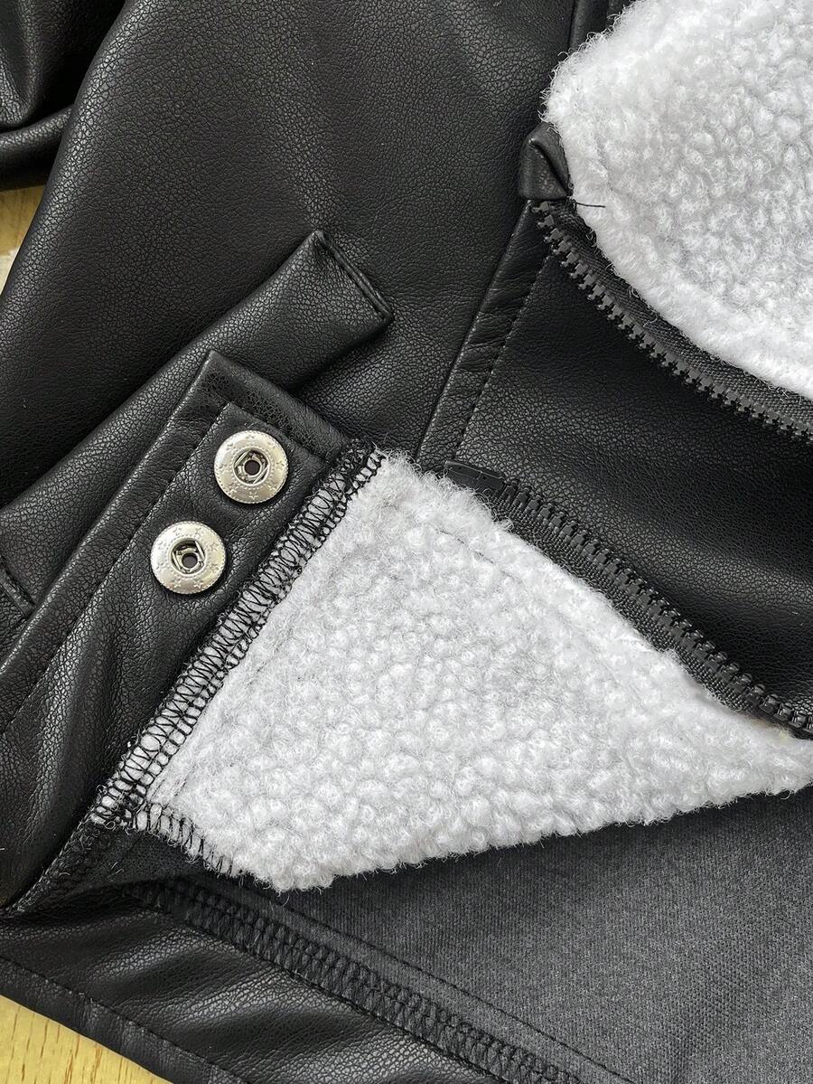 SHEIN Playful Pals Plush Patchwork Baby Boy Faux Leather Jacket, Fashionable Casual Streetwear Baby Boy Jacket