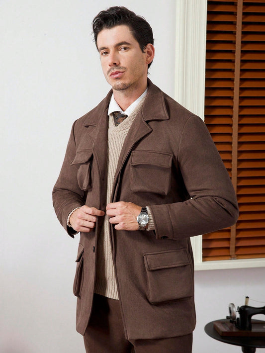 Core Aspect Autumn And Winter New Men's Vintage Gentleman Style, High-End Suede Fabric Brown Button Jacket, Multi-Pocket Retro Classic Jacket, Overcoat, Men's Fashion Everyday Casual Fit Long Sleeve Men's Jacket, Urban Jacket, Gift For Friends, Husband,