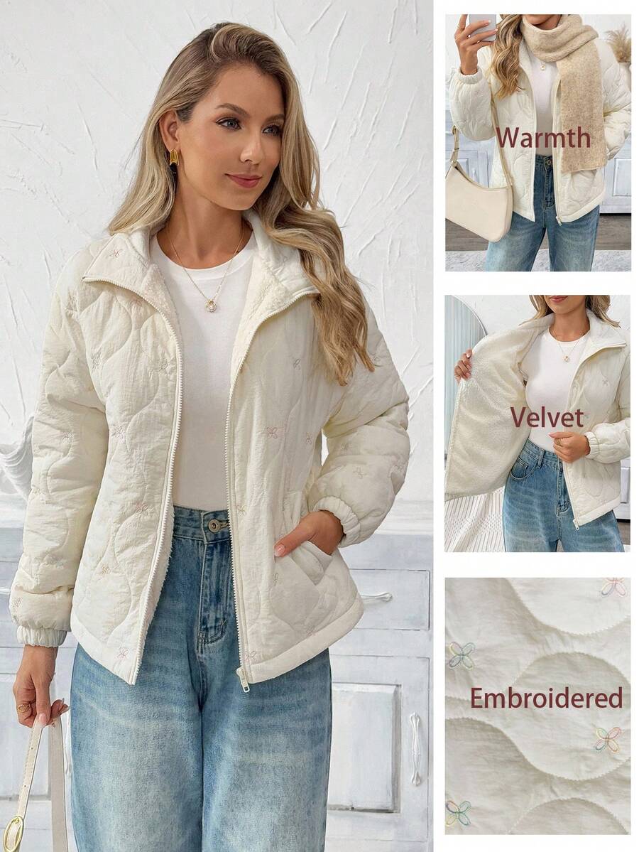 SHEIN LUNE Women's Casual Thermal Lined Long Sleeve Pocket Padded Coat