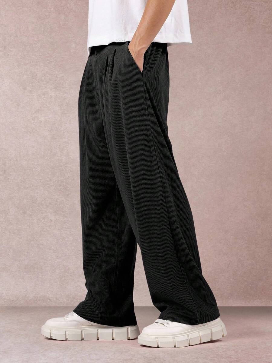 SUMWON Wide Leg Corduroy Pants High Waist Pleated Casual Fall Winter Trousers Relaxed Fit Comfort Straight Baggy Streetwear Bottoms