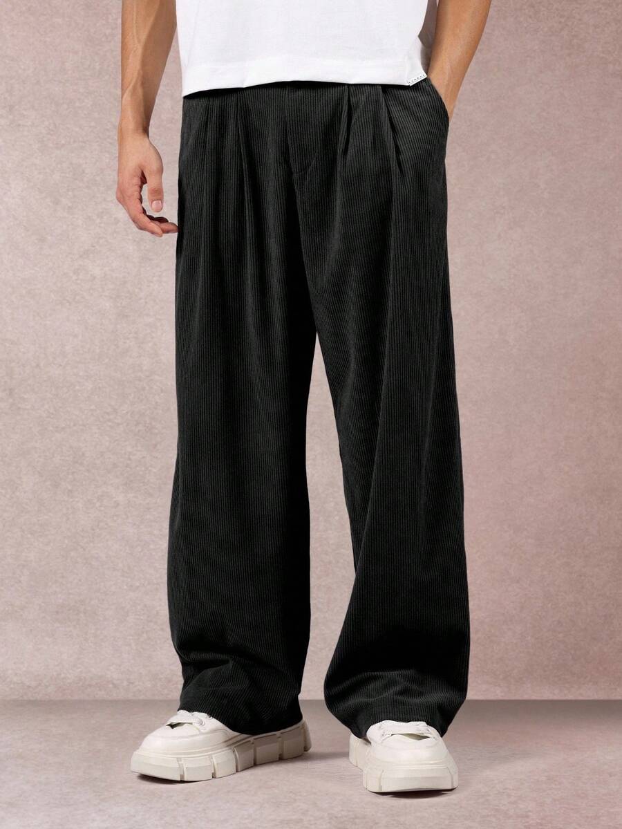 SUMWON Wide Leg Corduroy Pants High Waist Pleated Casual Fall Winter Trousers Relaxed Fit Comfort Straight Baggy Streetwear Bottoms